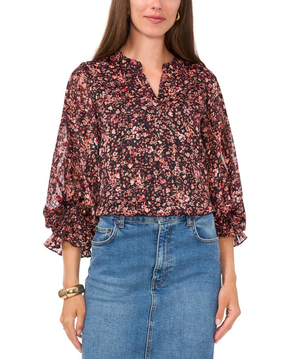 Vince Camuto Women's Printed Split-Neck Smocked-Cuff Top Multi Size XL 4015